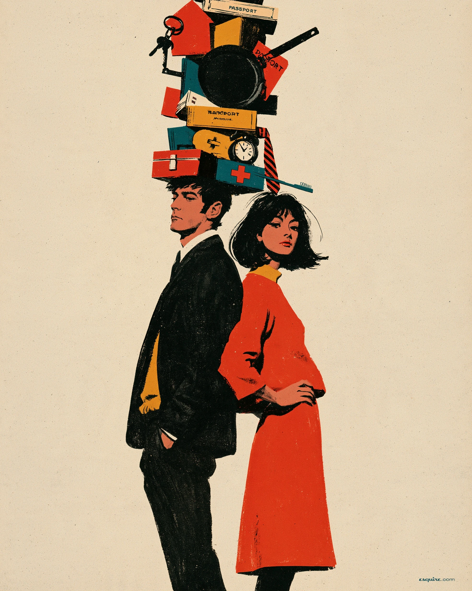A young man and a young woman balancing a tall stack of grown-up things